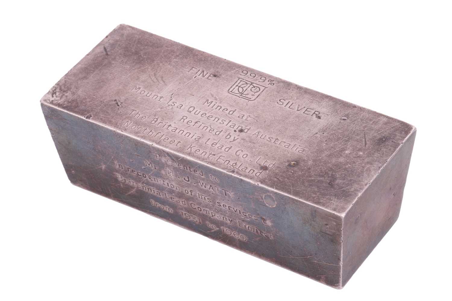 A white metal ingot stamped "99.9% fine silver", further elaborate with the inscription "Mined at Mo - Image 5 of 7