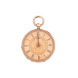 An open-faced pocket watch, gilt dial with Roman numerals against a machine turned background, the r