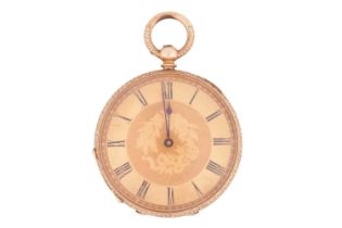 An open-faced pocket watch, gilt dial with Roman numerals against a machine turned background, the