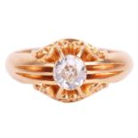 An Edwardian diamond belcher ring in 18ct gold, comprising an old-cut diamond of 5.6 x 5.6 x 2.8 mm,