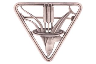 Georg Jensen - a triangular openwork brooch depicting a dolphin diving near some pond bulrushes,