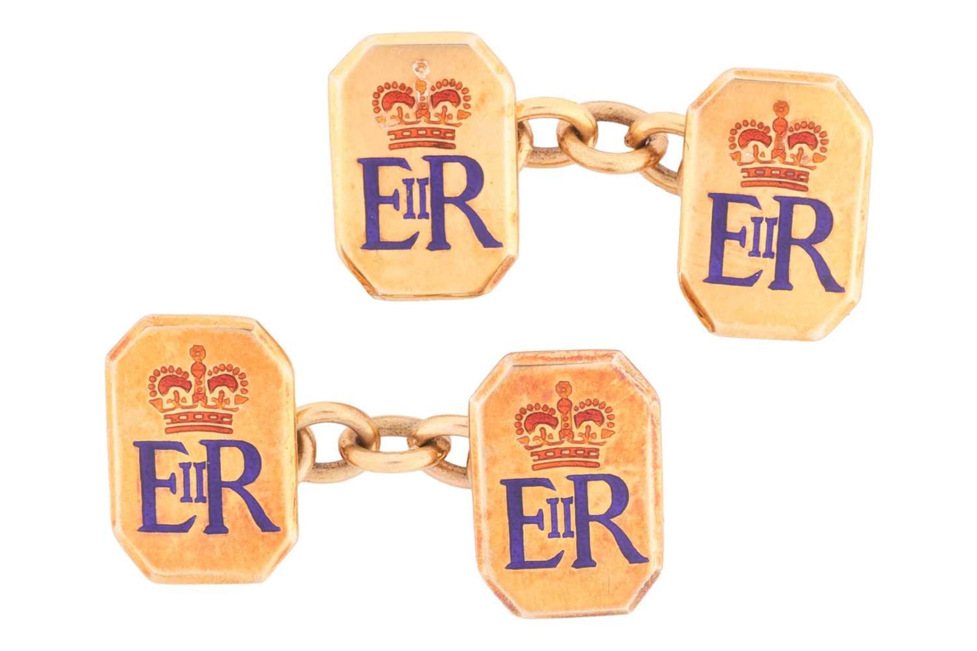 HM Queen Elizabeth II - a pair of 9ct gold and enamel Royal Presentation cufflinks of octagonal form - Image 2 of 3