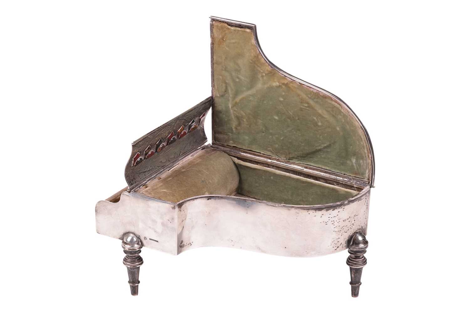 A late Victorian Scottish silver mounted jewellery box in the form of a grand piano. The lid and hin - Image 4 of 11
