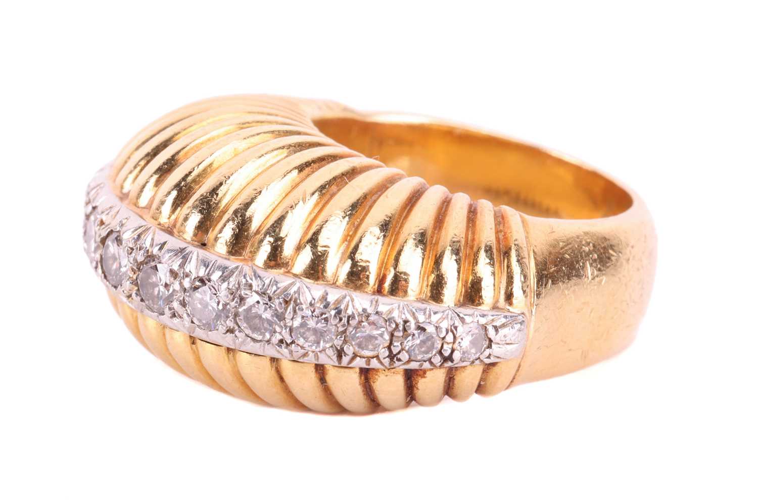 A mid-century, diamond set, bombé style dress ring; with a central band of fifteen graduated, pavé s - Image 2 of 4