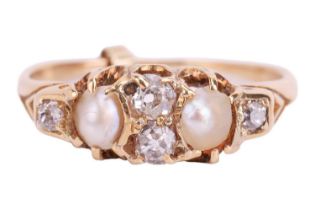 A late Victorian diamond and pearl six stone half hoop ring, comprising four mixed old-cut