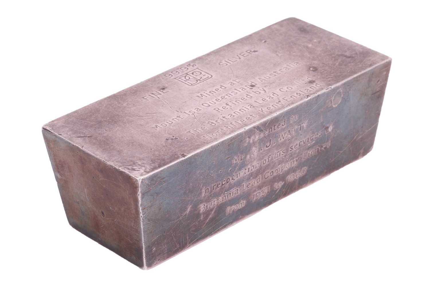 A white metal ingot stamped "99.9% fine silver", further elaborate with the inscription "Mined at Mo - Image 6 of 7