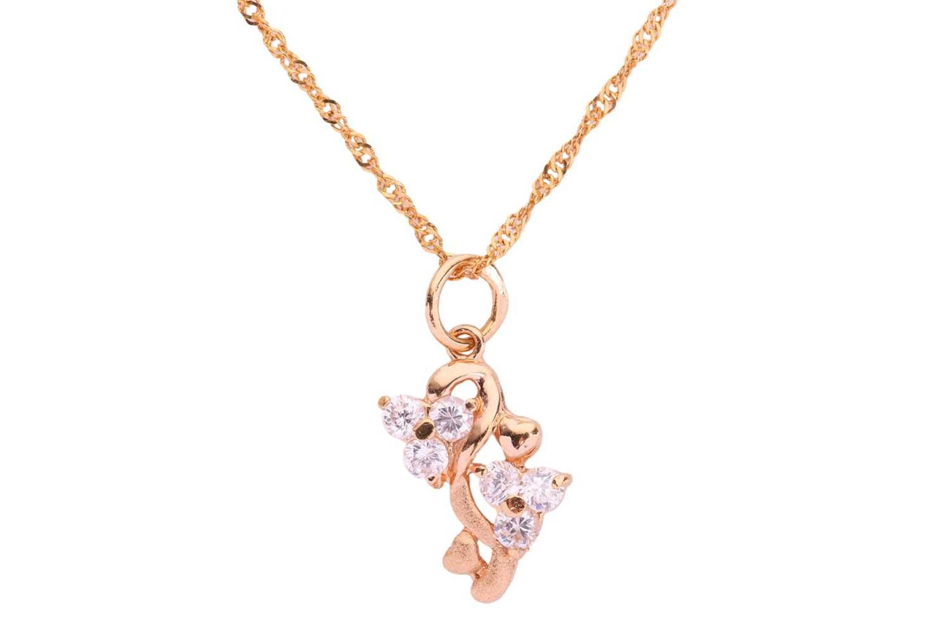 A cubic zirconia leaf ring and a cubic zirconia pendant necklace; the ring set with CZ in a curling  - Image 6 of 8