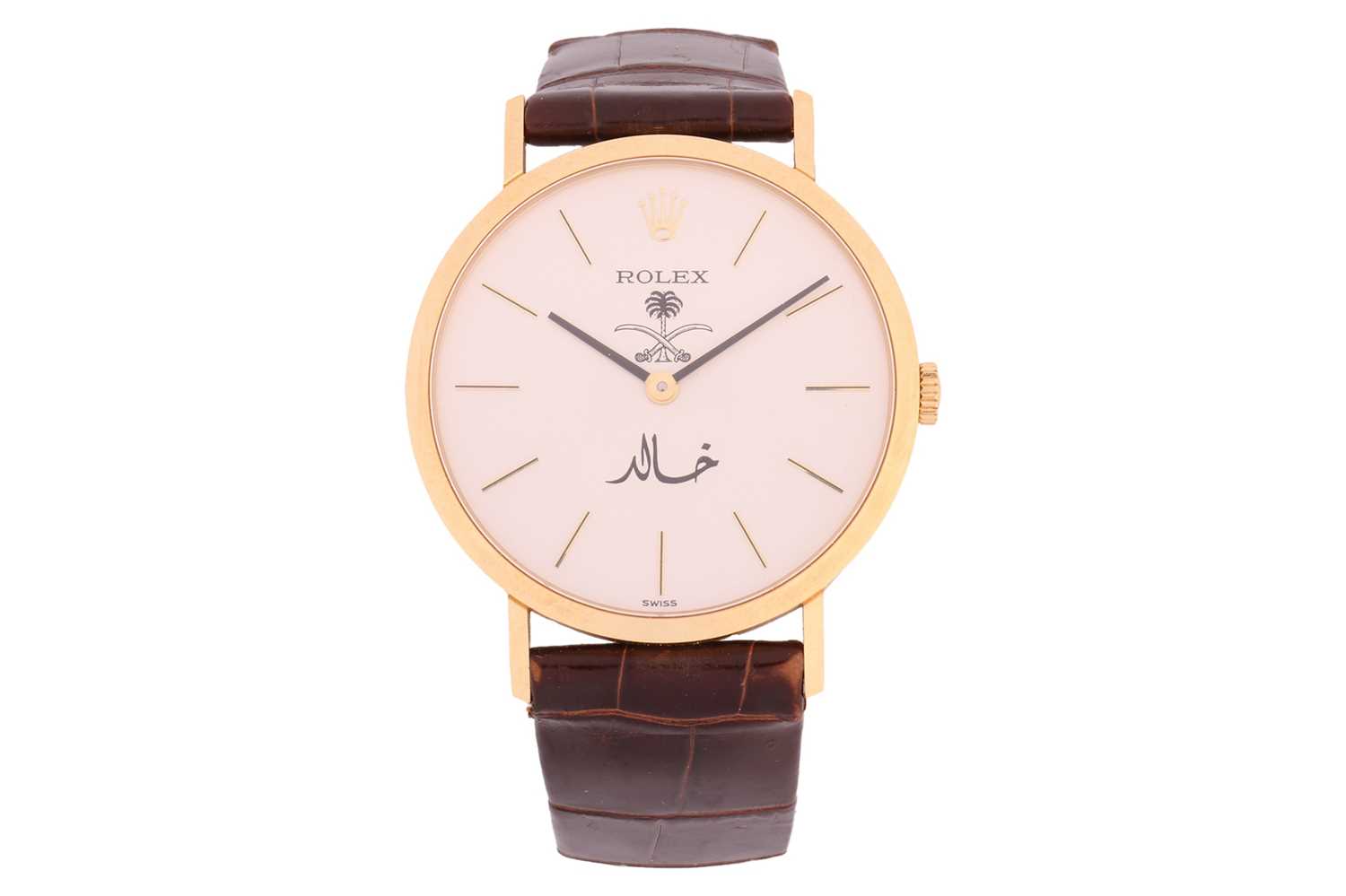 A Rolex Cellini 4112 Emblem of Saudi Arabia dial double signed "Kalid" 18ct gold watch. Model: 4112 