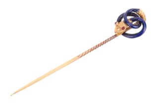 An enamel snake stick pin, featuring a coiling snake covered with cobalt blue enamel, with head