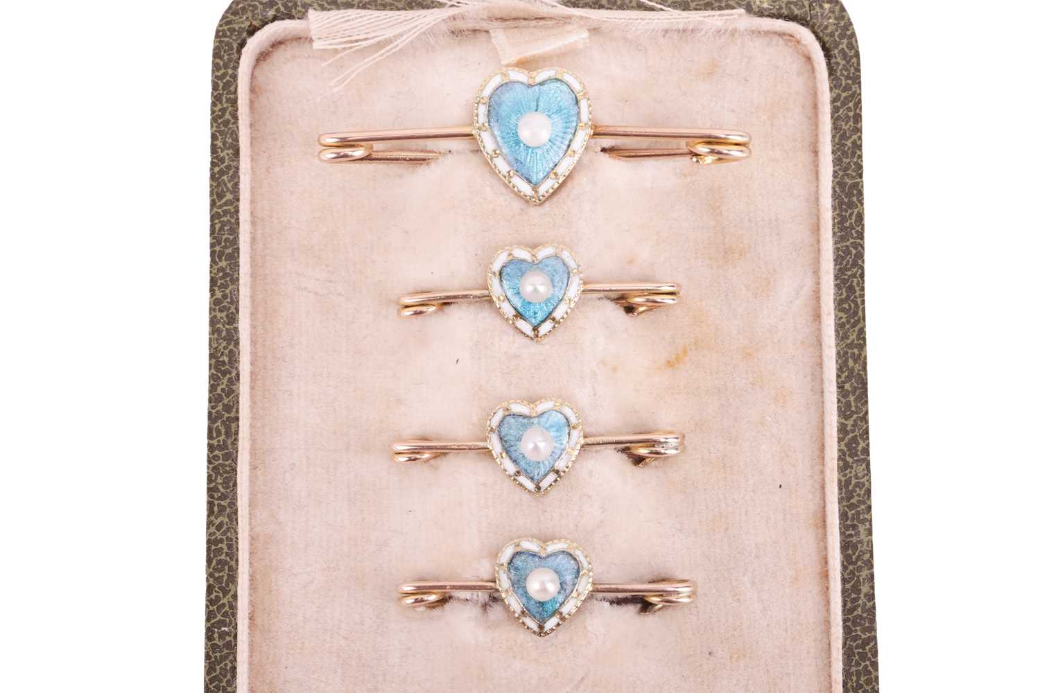 A set of four Edwardian seed pearl and enamel pins, each pin featuring a pale blue and white enamell - Image 2 of 4