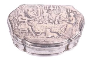 A Continental white metal snuff box of cartouche shape, circa 1750, cover chased with a family dinin