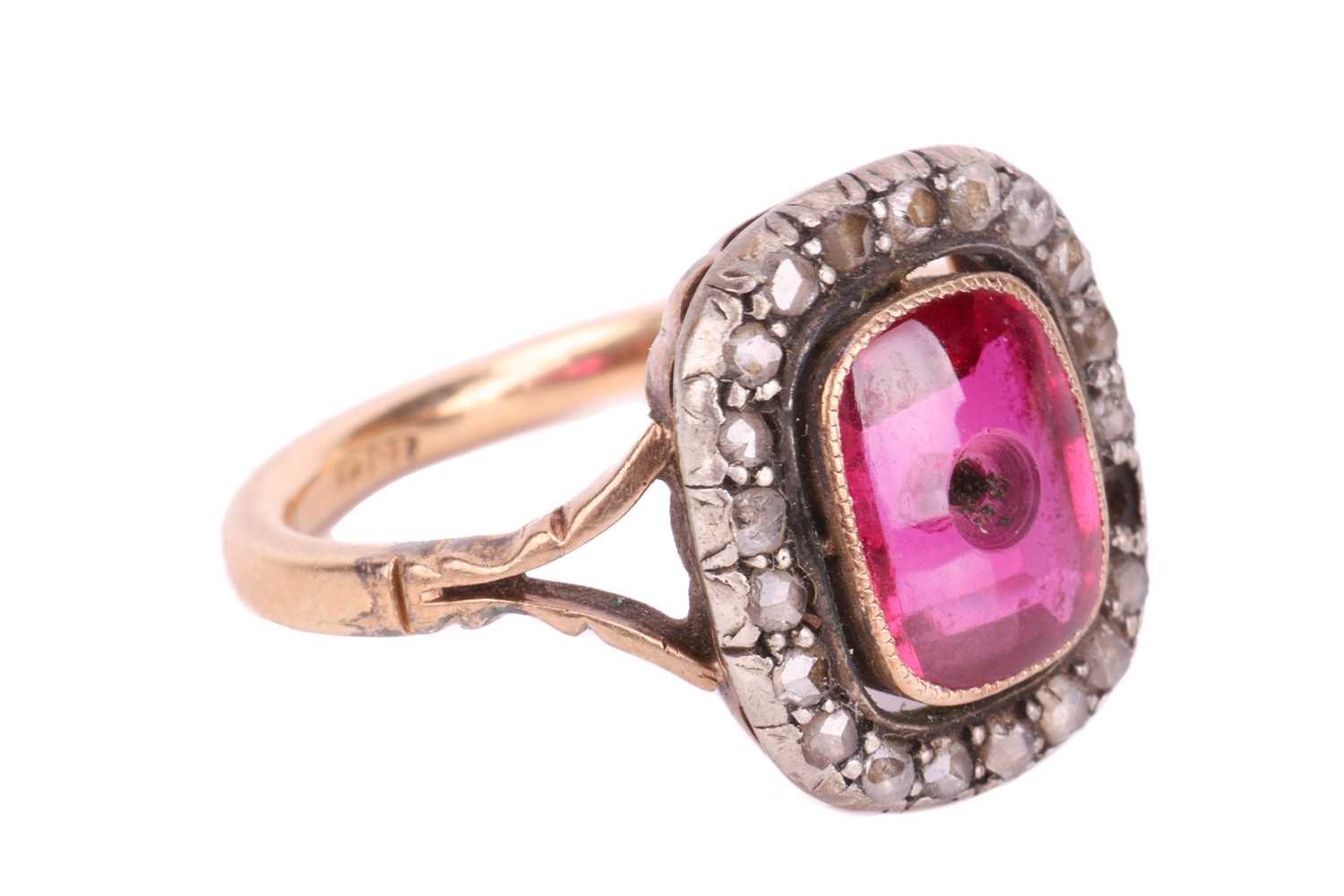 A diamond and synthetic ruby panel ring, centred with an empty cushion-shaped synthetic ruby panel,  - Image 2 of 4