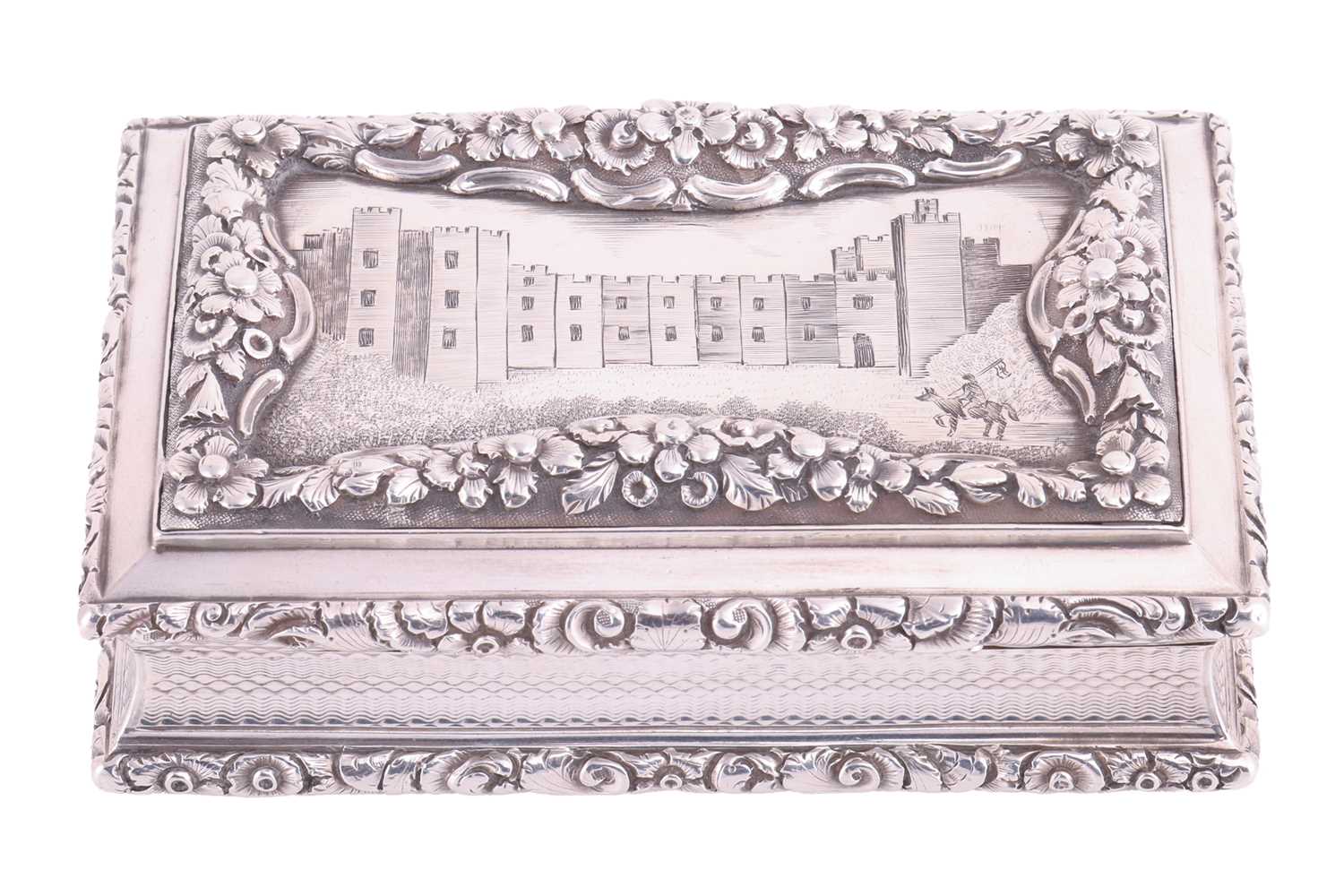 A William IV silver table snuff box by Nathaniel Mills, Birmingham 1837, of bevelled rectangular for