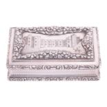 A William IV silver table snuff box by Nathaniel Mills, Birmingham 1837, of bevelled rectangular for