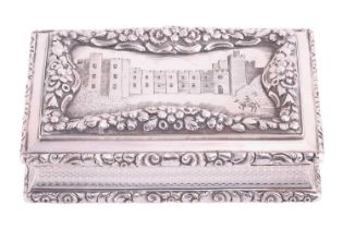 A William IV silver table snuff box by Nathaniel Mills, Birmingham 1837, of bevelled rectangular