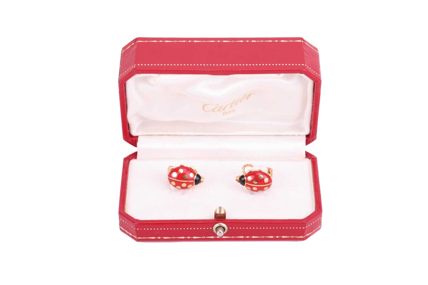 Cartier - a pair of ladybird enamel earrings in 18ct yellow gold, red and black enamel with gold acc