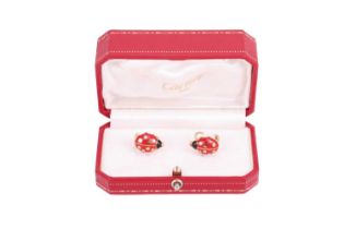 Cartier - a pair of ladybird enamel earrings in 18ct yellow gold, red and black enamel with gold