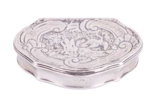 A George II silver snuff box by Robert Collier, London 1744, of cartouche form, cover chased with