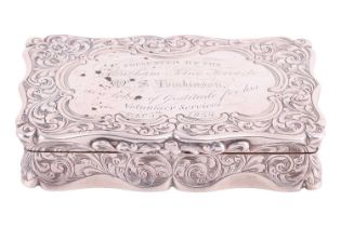 A Victorian silver snuff box by Edward Smith, Birmingham 1858, of shaped rectangular form, cover,