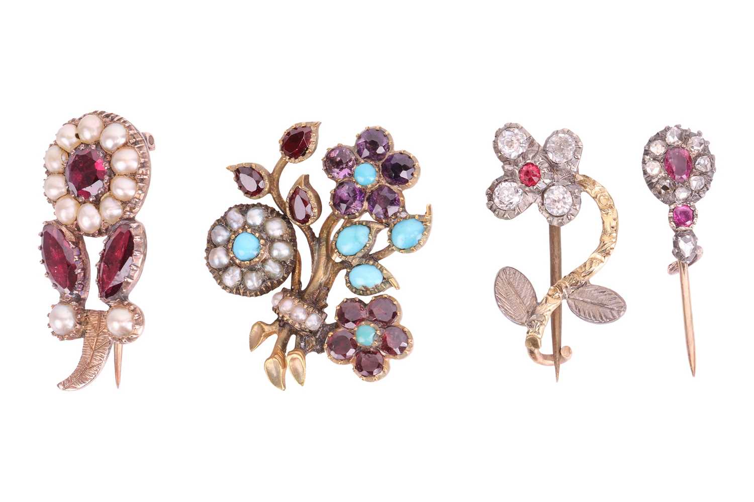 A collection of four early 19th century gem-set brooches; comprising a floral spray brooch set with 
