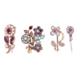 A collection of four early 19th century gem-set brooches; comprising a floral spray brooch set with 