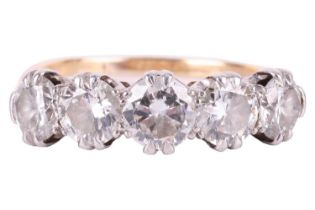 A diamond five-stone ring, featuring a row of round brilliant cut diamonds with a total estimated