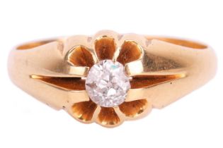 A diamond-set gypsy ring in 18ct yellow gold, centred with an oval old-cut diamond approximately