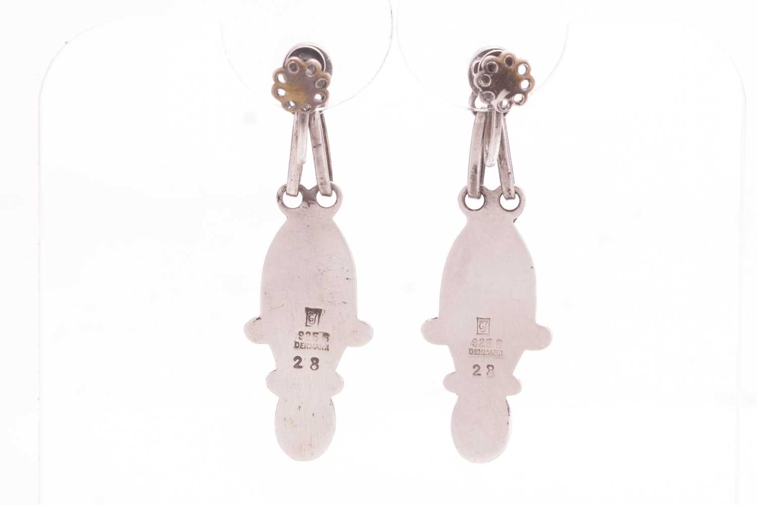 Georg Jensen - a pair of floral drop earrings set with amazonite, stylised as textured flowerheads,  - Image 2 of 2