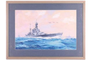 Richard Granger Barrett (20th century), HMS Hood in a convoy with bi-planes above, signed 'R.
