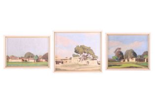 Lalit Mohan Sen (Indian, 1898 - 1954), Three landscapes with buildings, each signed L.M. Sen 1933 (