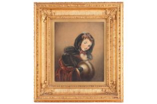 French School (19th century), a portrait of a lady in a red and blue coat and fur muff, unsigned,