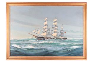 David Brackman (1932-2008), a three-masted sailing ship at sea, oil on canvas, signed to lower