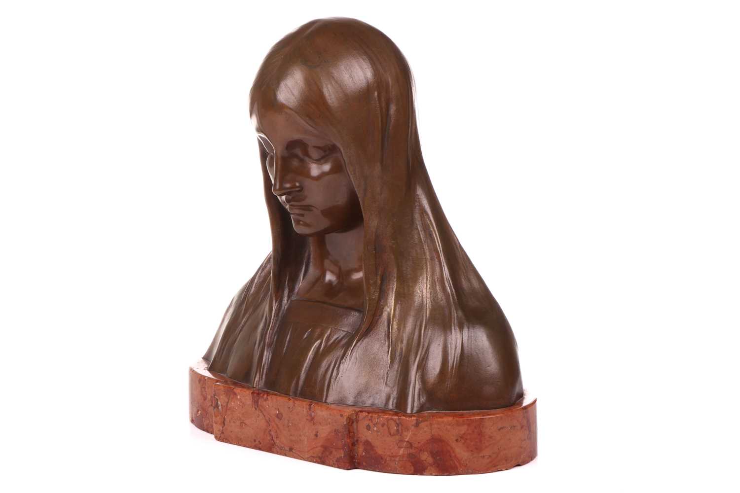 Hans Muller (1873-1937), an Arts and Crafts style patinated bronze bust of a lady, in medieval Europ - Image 3 of 5