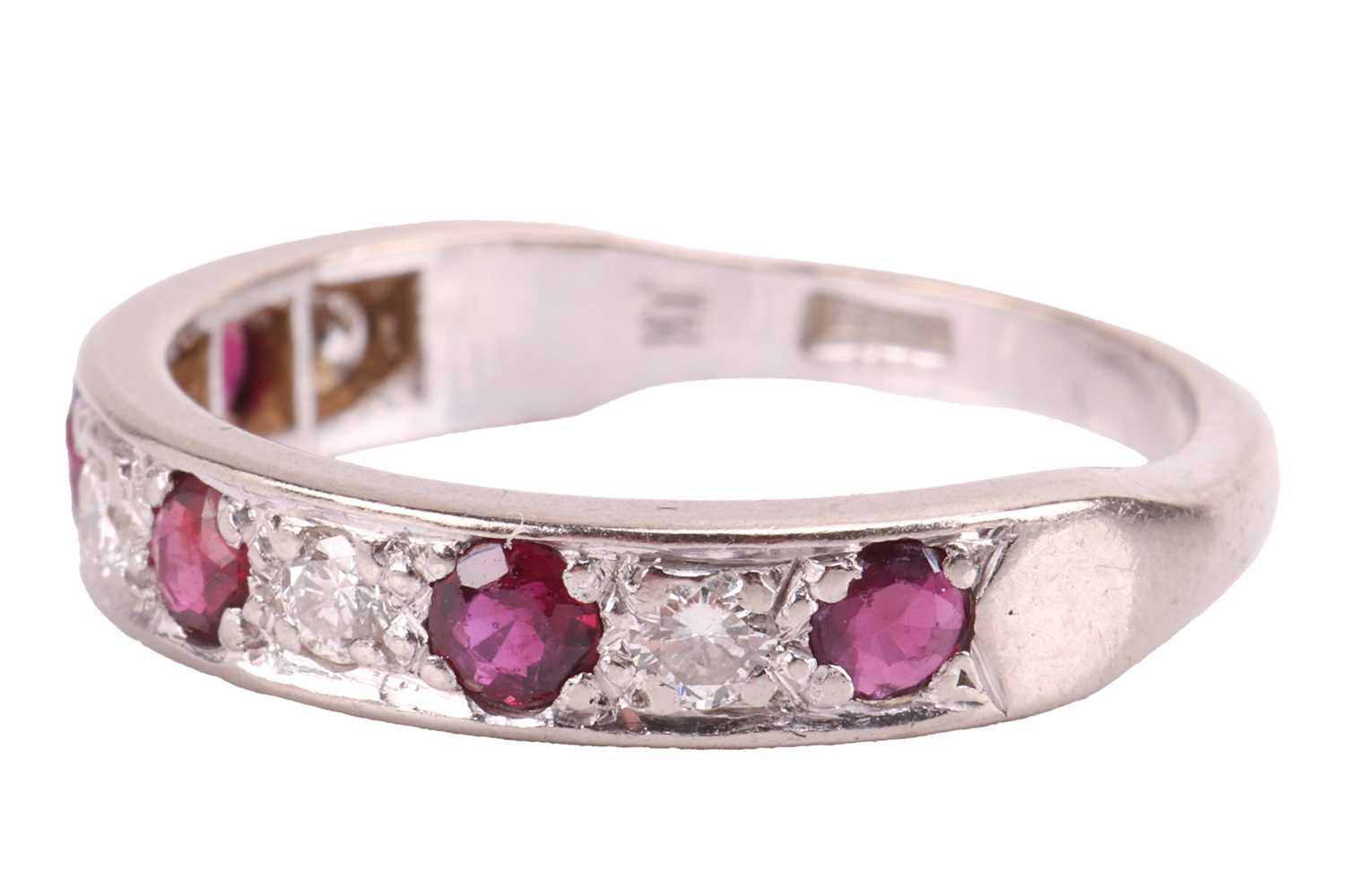 A ruby and diamond half-eternity ring in 18ct white gold, alternating with five circular-cut rubies  - Image 2 of 5