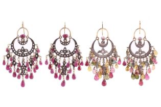 Two pairs of gem-set fringe earrings of crescent shape; the first pair encrusted with diamonds and d