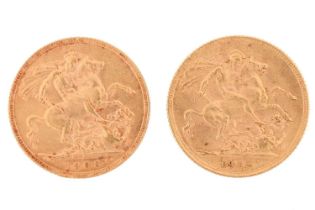 Two full sovereigns; Edward VII, 1908, St George and the Dragon Reverse, and George V, 1912, St Geor