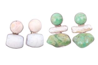 Two pairs of Rebecca Collins clip-on earrings; the first pair each consists of two chrysoprase