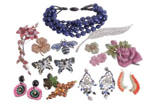 A collection of costume jewellery including an Angela Fiocchi blue beaded necklace, two Ermanno Scer