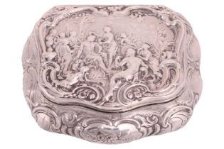 A German silver trinket box, by Neresheimer, of cartouche form with repousse classical decoration to