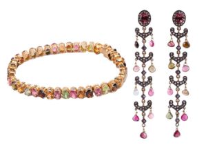A gem-set line bracelet and earrings, the bracelet set with various gemstones in gilt metal, measuri