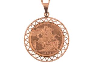 A full 1894 Victorian sovereign unsoldered in pendant mount and chain, the pendant mount marked '9kt
