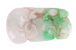 A Chinese carved jadeite jade pendant, the oblong-shaped pale greyish-green jade with mottled chrome