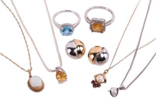 Four gem-set pendants, two dress rings and a pair of earrings; including a diamond solitaire in 18ct