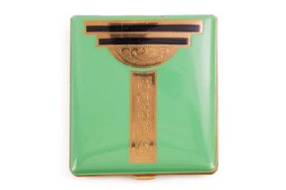 An Art Deco style powder compact, of rectangular form with rounded corners, geometrical design on co