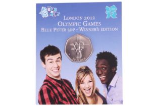 A London 2012 Olympic Games Blue Peter 50p Winners edition coin, uncirculated and sealed.