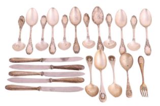 Collection of continental silver flatware, including a set of twelve tablespoons, possibly Belgium, 