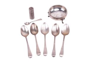 A set of five Georgian silver teaspoons by William Eaton, London, 1828 together with a silver salt o