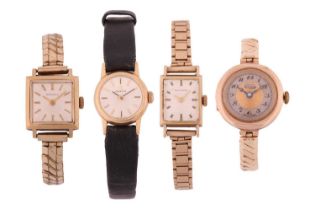 A collection of four lady's dress watches, featuring an Omega hand-wound lady's watch in 9ct
