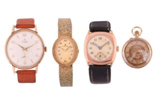 A collection of four watches comprising an 18ct yellow gold open face keyless small pocket watch,