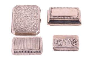 A silver cigarette case and three other snuff boxes; the cigarette case with canted corners engraved